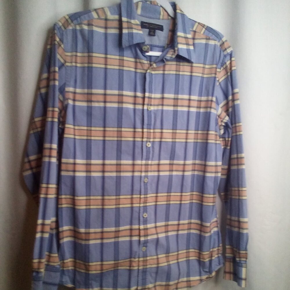 Banana Republic Shirt Men M 15 15 1/2 Button Up Long Sleeve Plaid Blue Orange